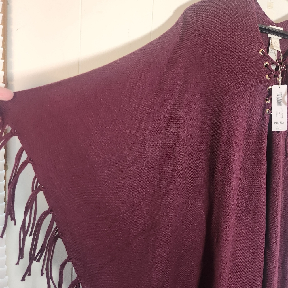 Chicos Monrovia Lace-up Fringe Poncho Shrug One Size Maroon Burgundy - Picture 7 of 14